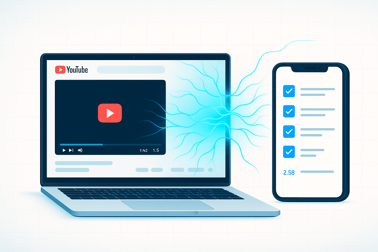Visualization of AI transforming YouTube videos into interactive learning experiences with machine learning algorithms and neural networks